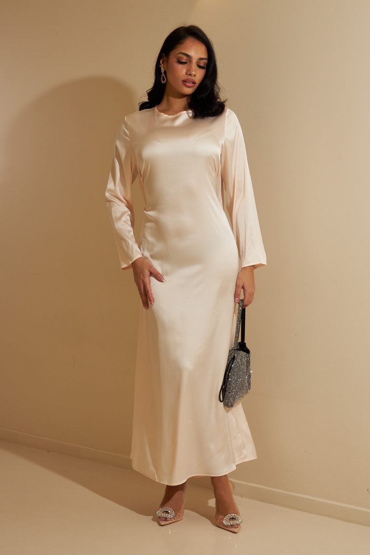 Ensemble 2 pièces robe + gilet à enfiler satiné beige