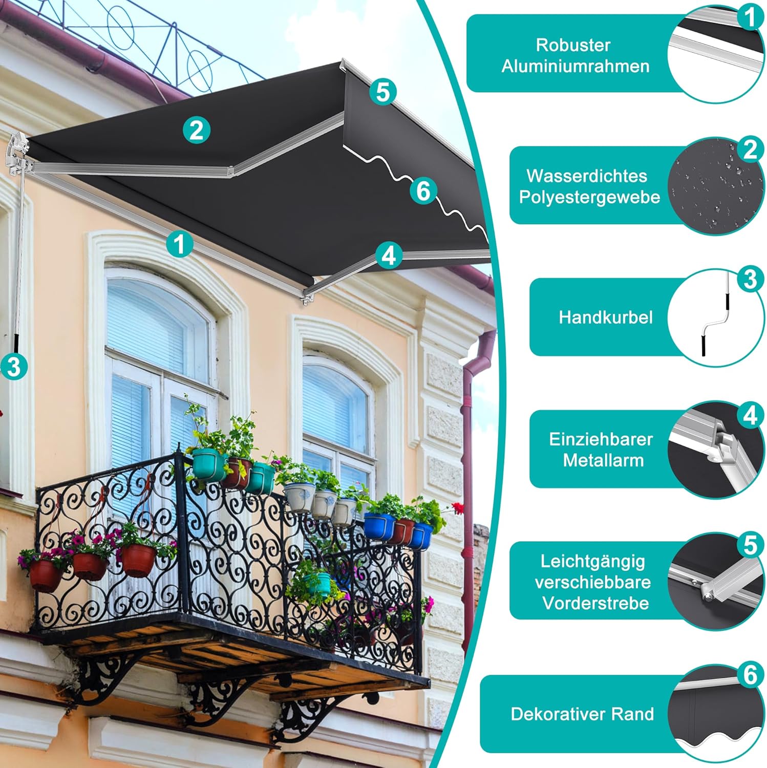 Aufun Manuelle Gelenkarmmarkise Markise Balkon aus Alu und Polyester, Einziehbar Sonnenschutz Markisenabdeckung mit Handkurbel, Wasserdicht Anti-UV für Balkon Terrasse Außen(250x200 cm, Dunkelgrau)