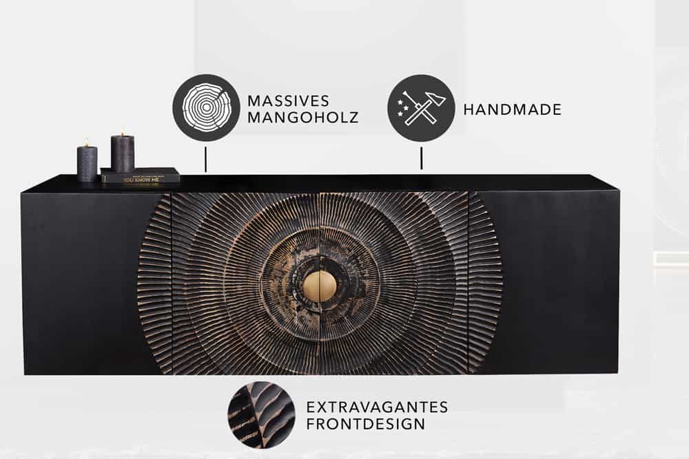 Hängendes Sideboard GOLDEN SUNSET 180cm schwarz mit 3D Schnitzereien gold massiv Mangoholz handmade