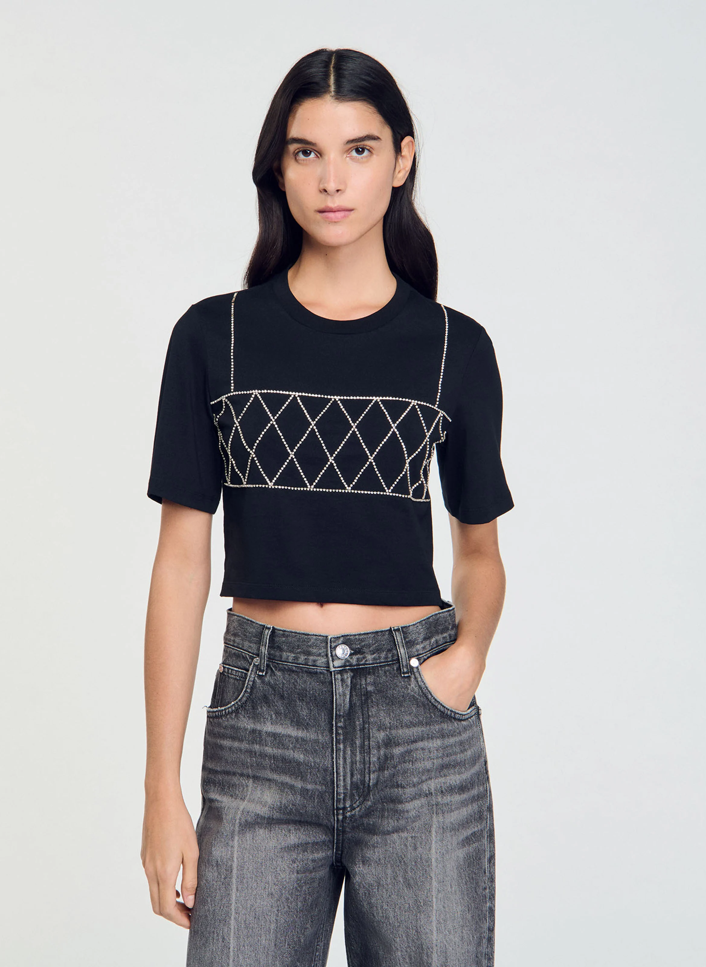 Tee-shirt court en coton strassé | Noir
