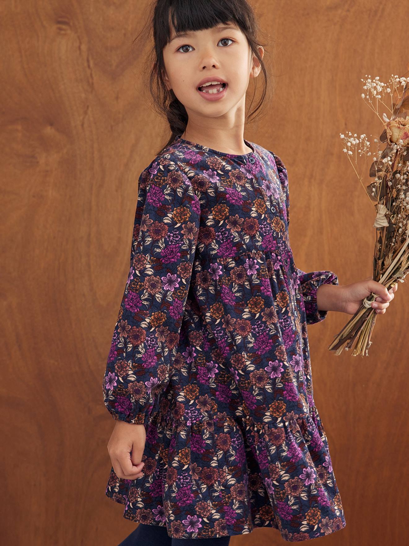 Vestido floral azul escuro de veludo cotelê para meninas