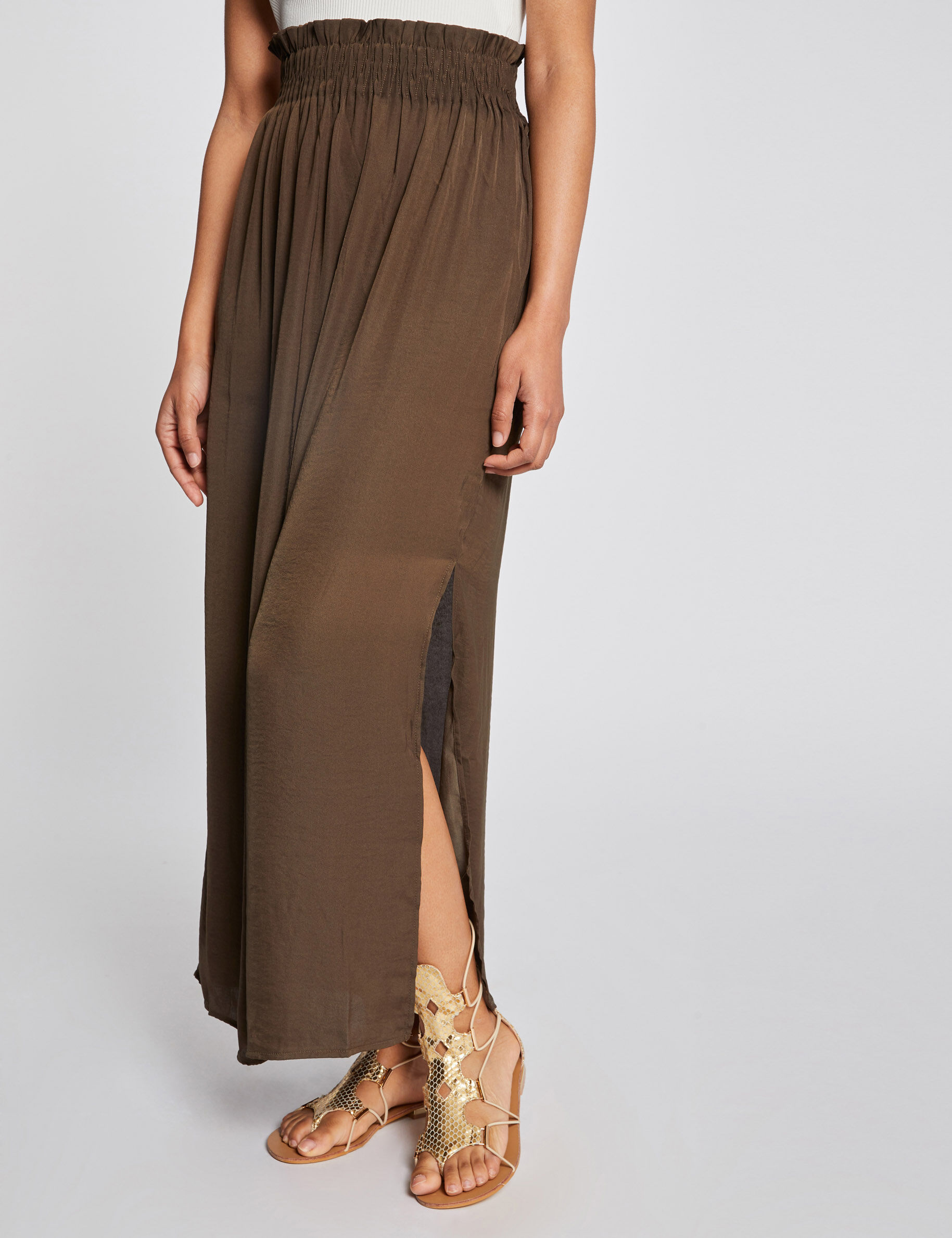 Jupe longue fluide taille élastiquée vert kaki femme - vert_kaki