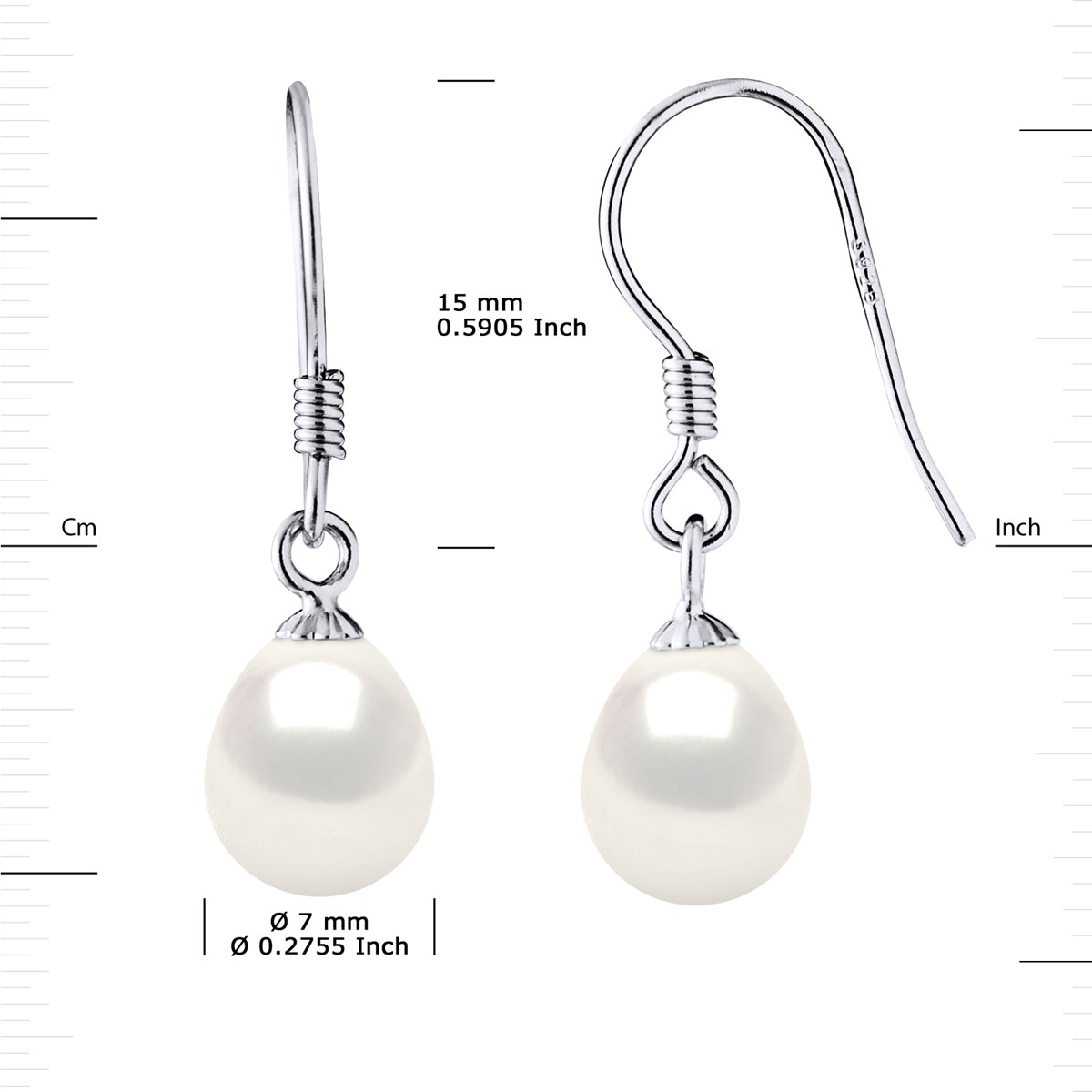 Crochets d'Oreilles Perles d'Eau Douce Poires 7-8 mm Blanches Argent 925
