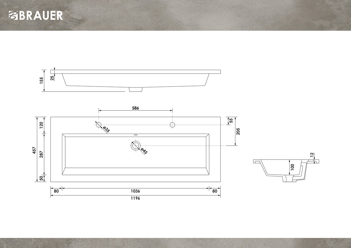 Brauer Solar Slim wastafel mineraalmarmer 120cm met 2 kraangaten wit glans