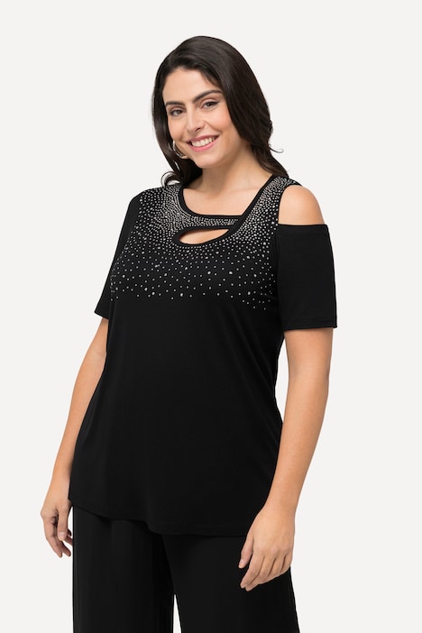 T-Shirt, Ziersteine, A-Linie, Cut-Outs, Halbarm