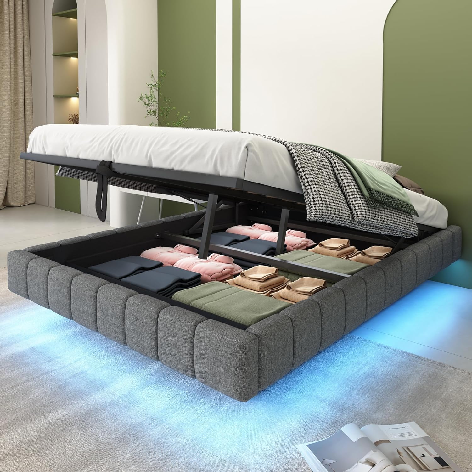 Doppelbett Polsterbett 140x200 cm mit Bettkasten ohne Kopfteil, Bett Schwebebettrahmen mit Stauraum, Tragfähigkeit 250 kg (Grau)