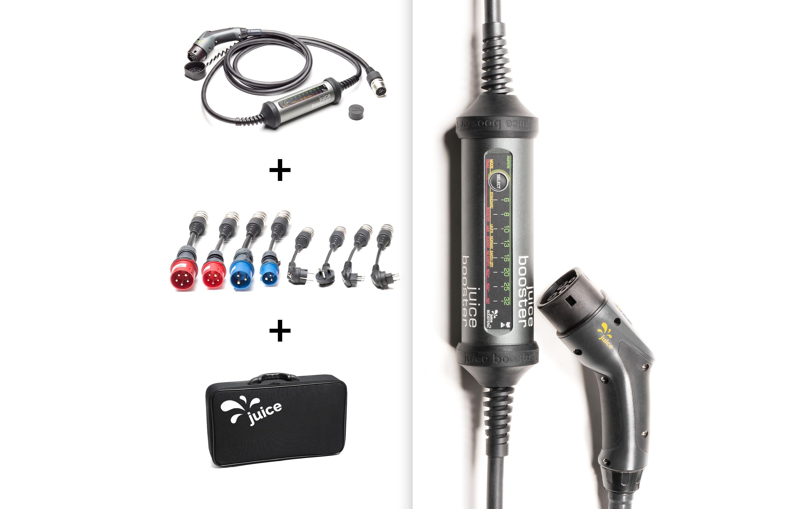 Mobile Wallbox JUICE BOOSTER 2 Europe Traveller Set<br>Die flexible 3-in-1-Ladelösung für Elektrofahrzeuge für zuhause oder unterwegs