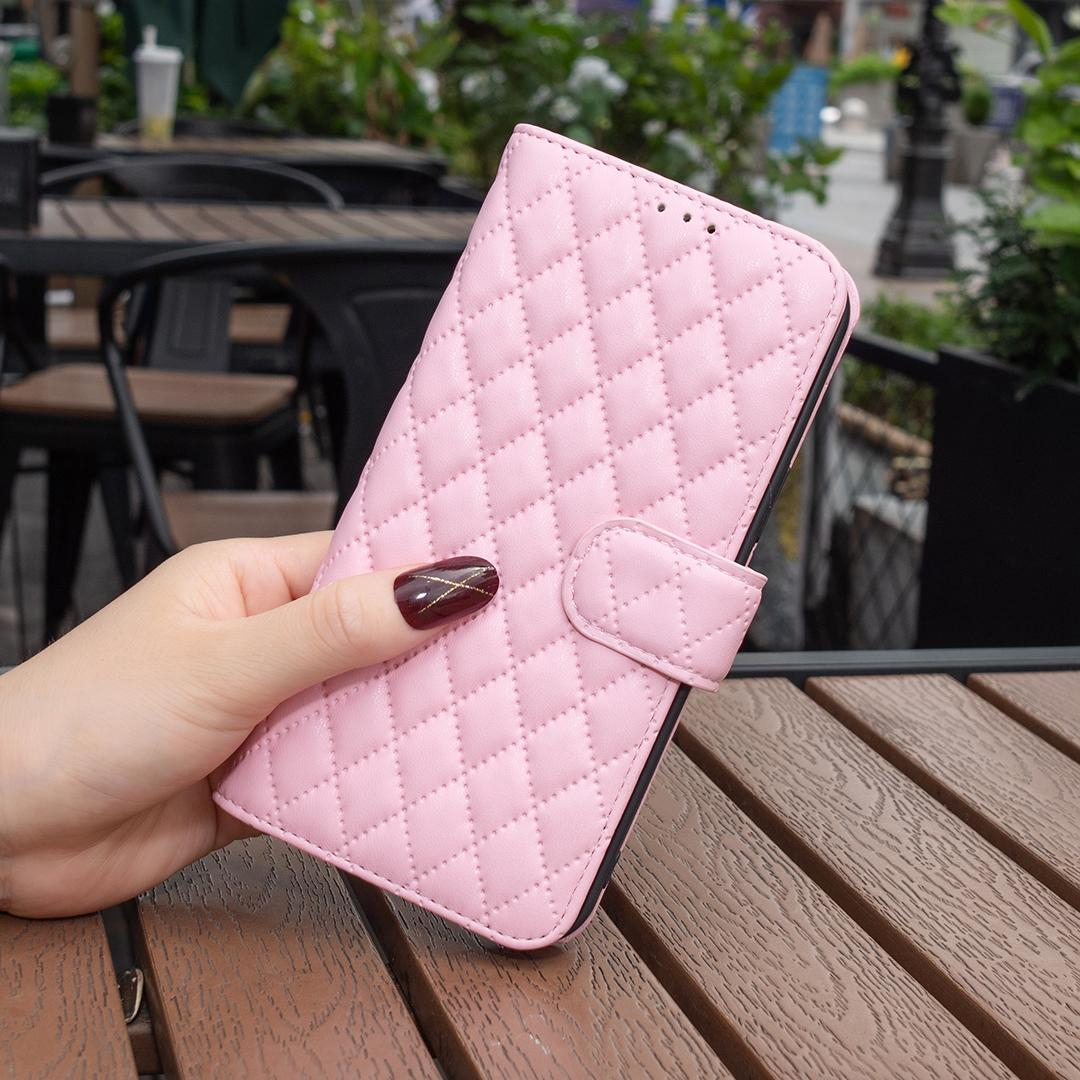 iPhone 13 Pro Leder Tasche Flip Cover Steppmuster - Rosa