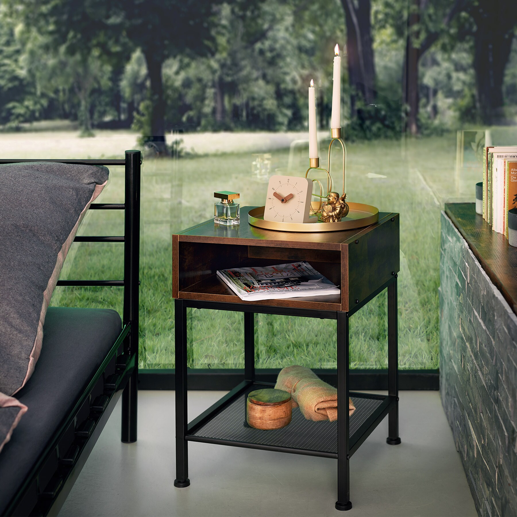 tectake® Nachttisch, Industrial Style, mit offenem Fach und Gitterablage, 40,5 x 40,5 x 59 cm