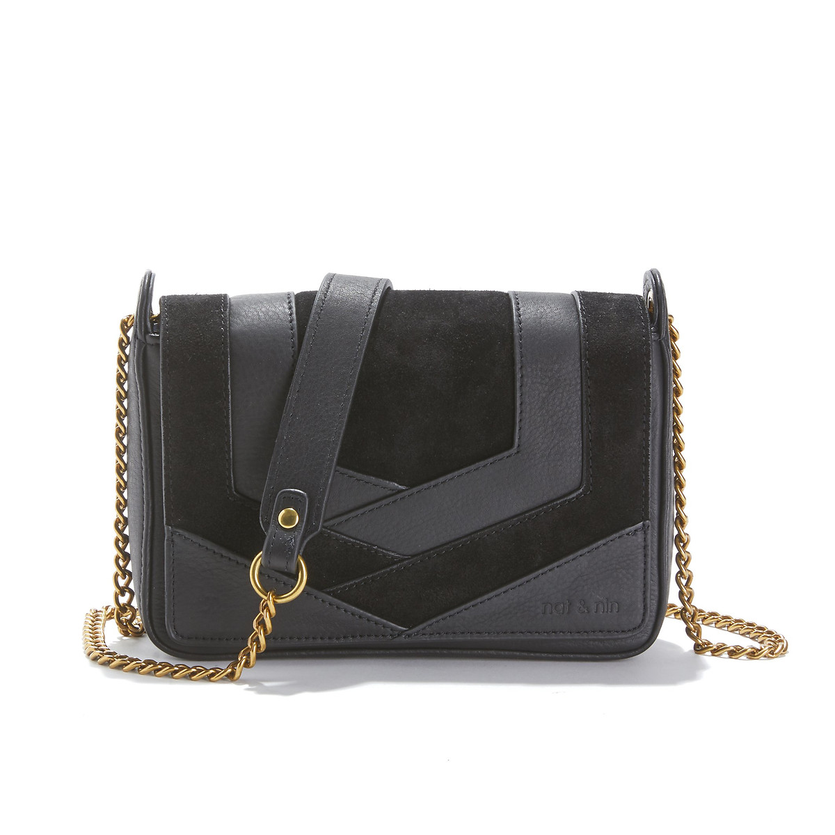 NAT & NIN<br>Bolsa de mão com aba em couro liso e camurça Capri