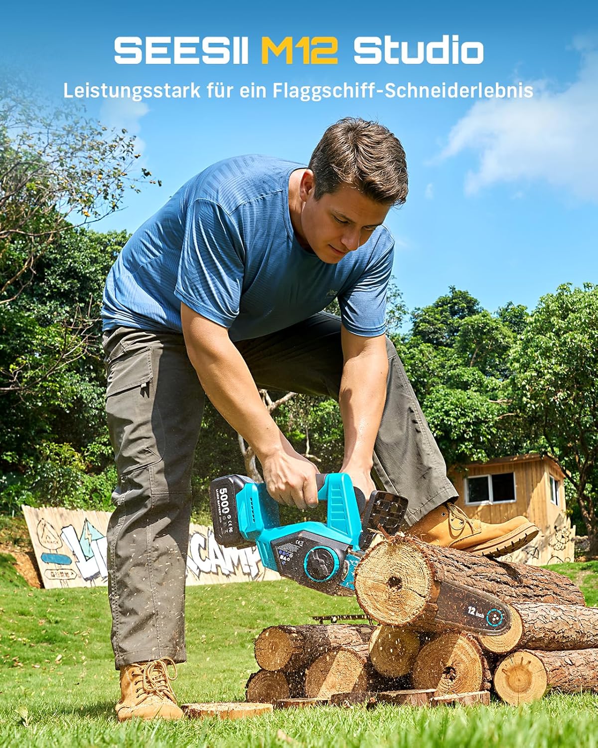 SEESII 12 Zoll Akku Kettensäge mit 2×5.0Ah Akku & Ladegerät, Brushless Elektrisch Kettensäge mit Automatischem Öler & Werkzeugloser Kettenspannung, Holzsäge Elektrisch für Gartenarbeit, Baumpflege
