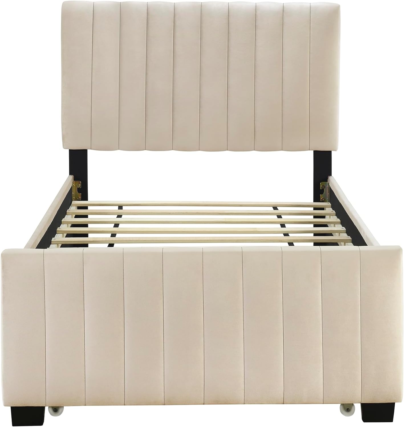 Kinderbett Polsterbett 90x190 cm mit Ausziehbett, Bett Einzelbett Doppelbett Jugendbett Gästebett Rückenlehne Bettgestell Flachbett mit Holz Lattenrost, hautfreundliches Samtstoff, Ohne Matratze,Beige