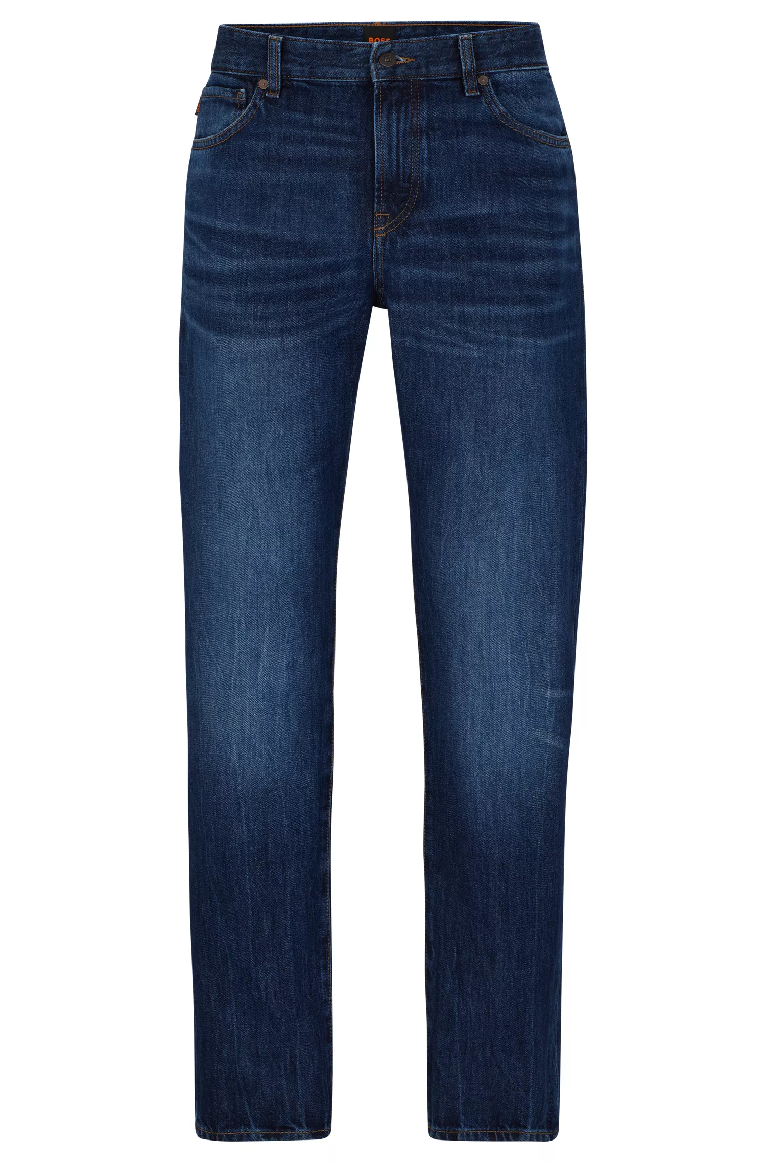 Calça jeans BOSS laranja, corte regular, em denim rígido índigo com lavagem média.