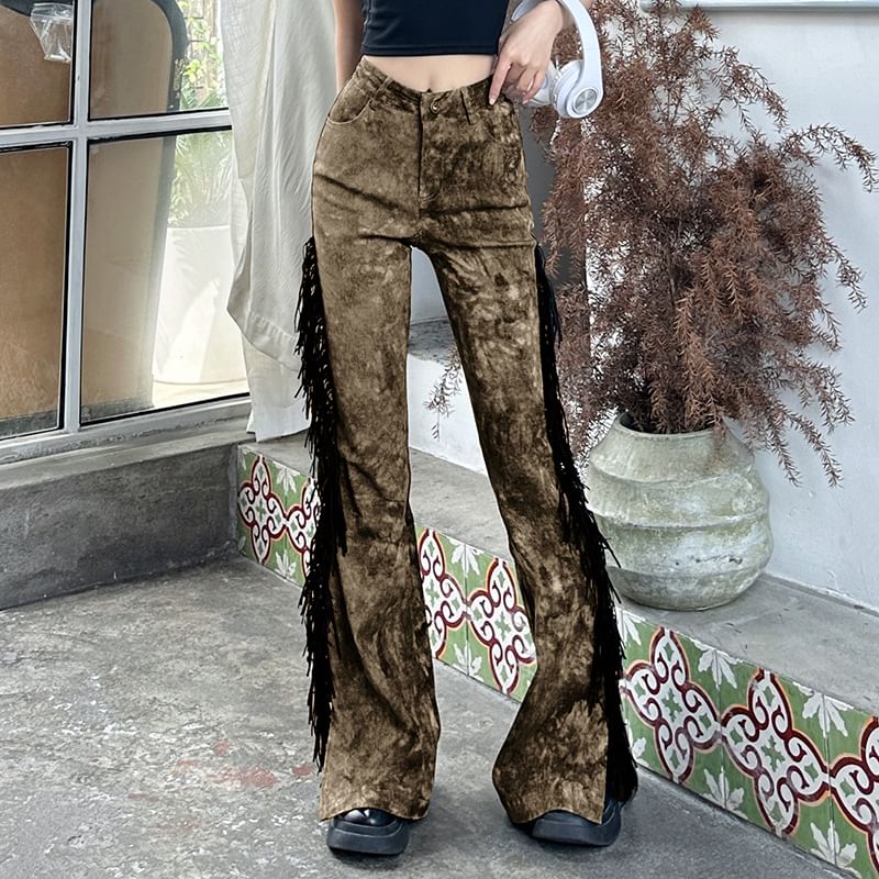 Kilokane - Hoge taille tie-dye broek met franjes en splitten