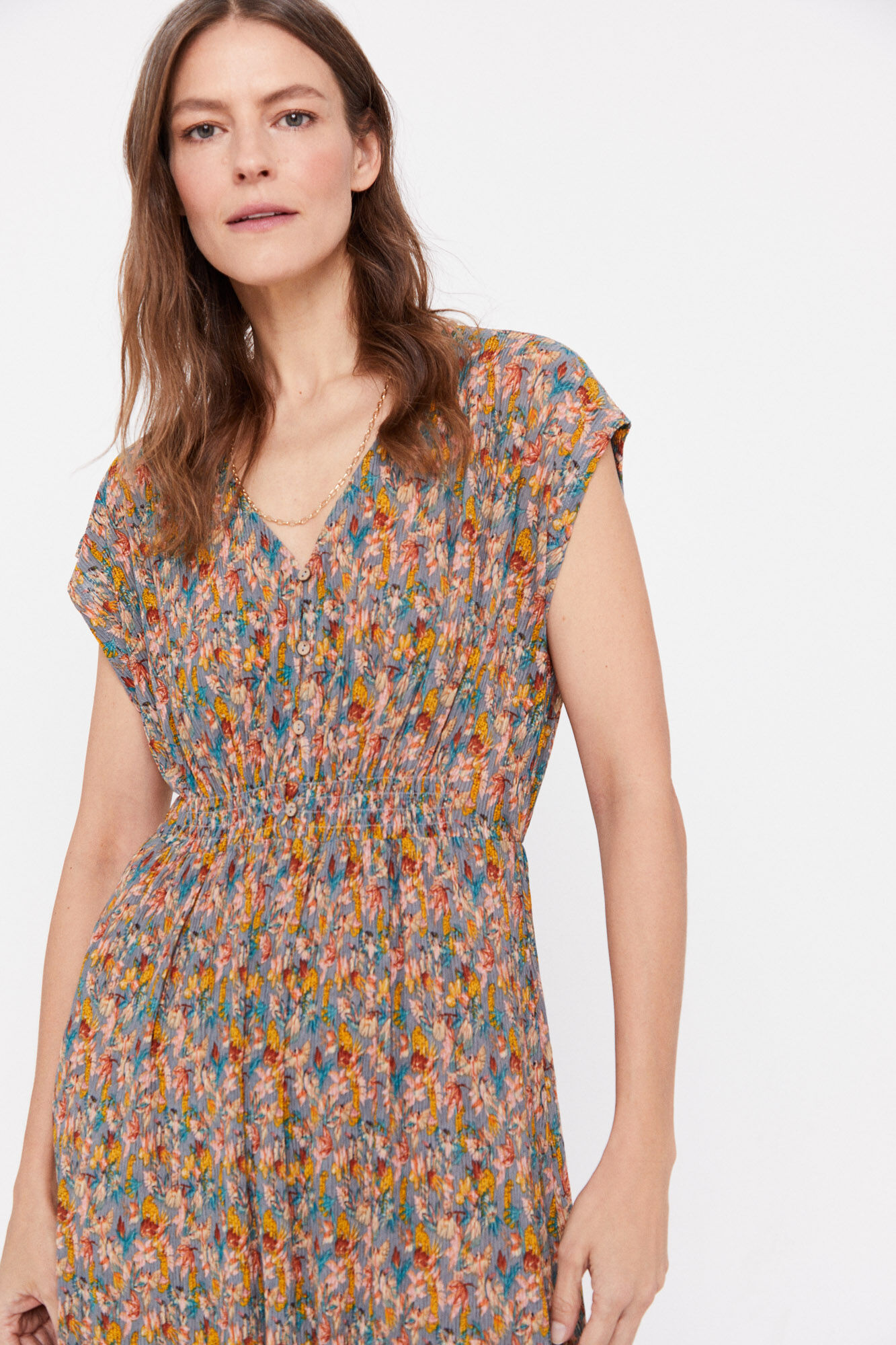 Vestido plissado estampado - Estampa branca