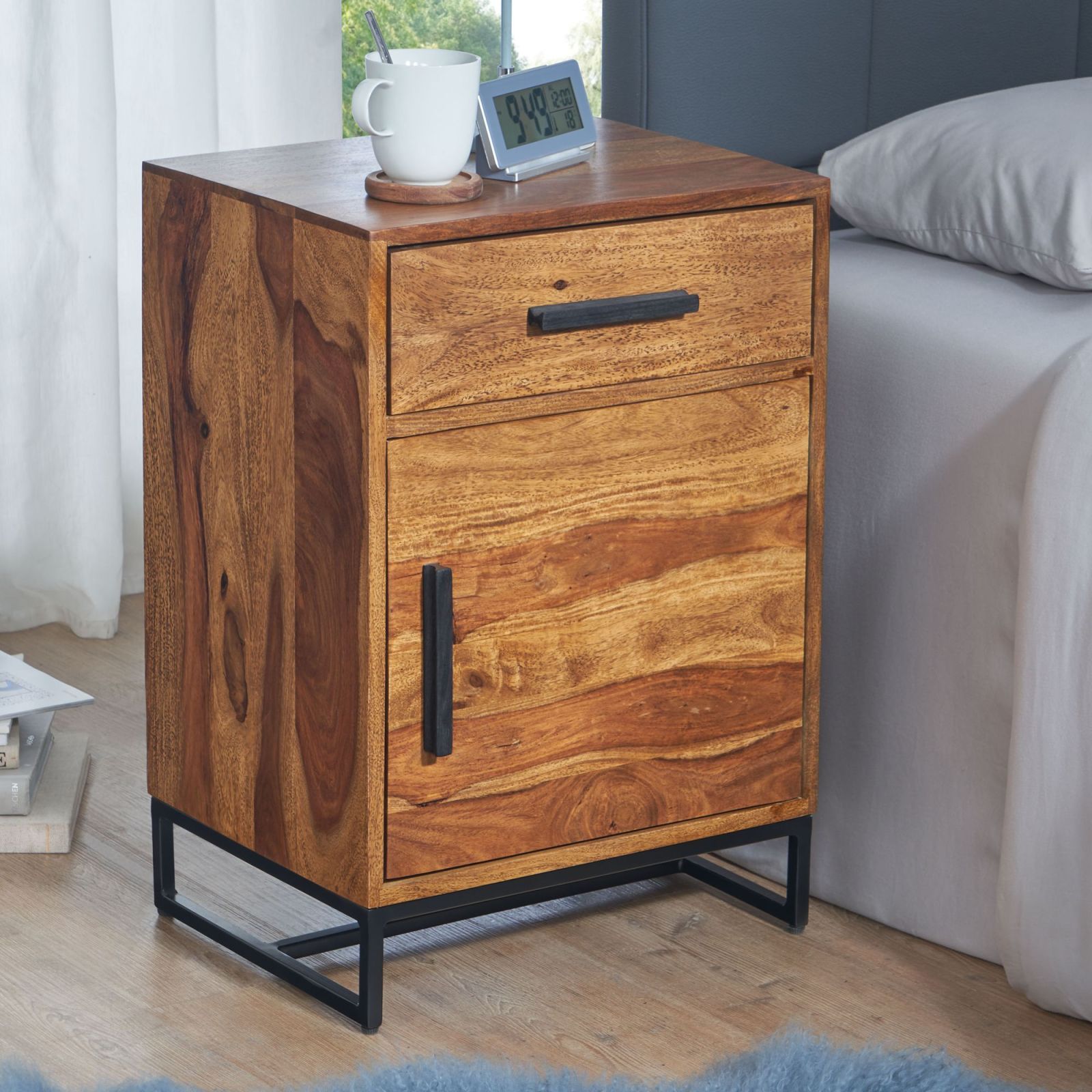 Nachttisch - Sheesham massiv - mit Schublade und Türfach - 65 cm hoch