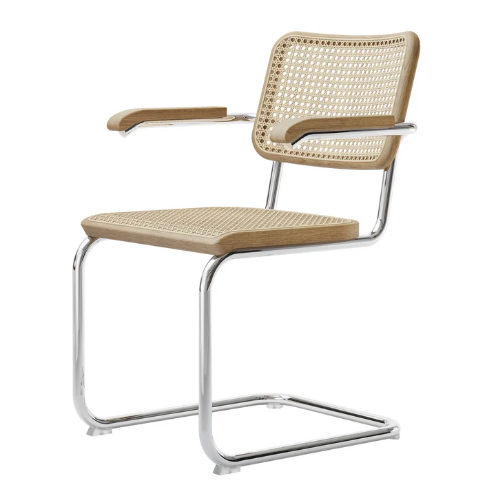 Thonet - S 64 V Armlehnstuhl, Chrom / Eiche natur / Rohrgeflecht mit Kunststoffstützgewebe (Pure Materials)