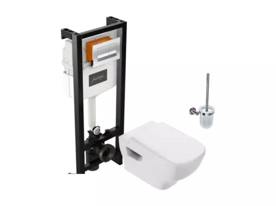 Pack WC suspendu sans bride JACOB DELAFON Struktura + abattant + plaque chromée + bâti + Porte-balai Eo rond