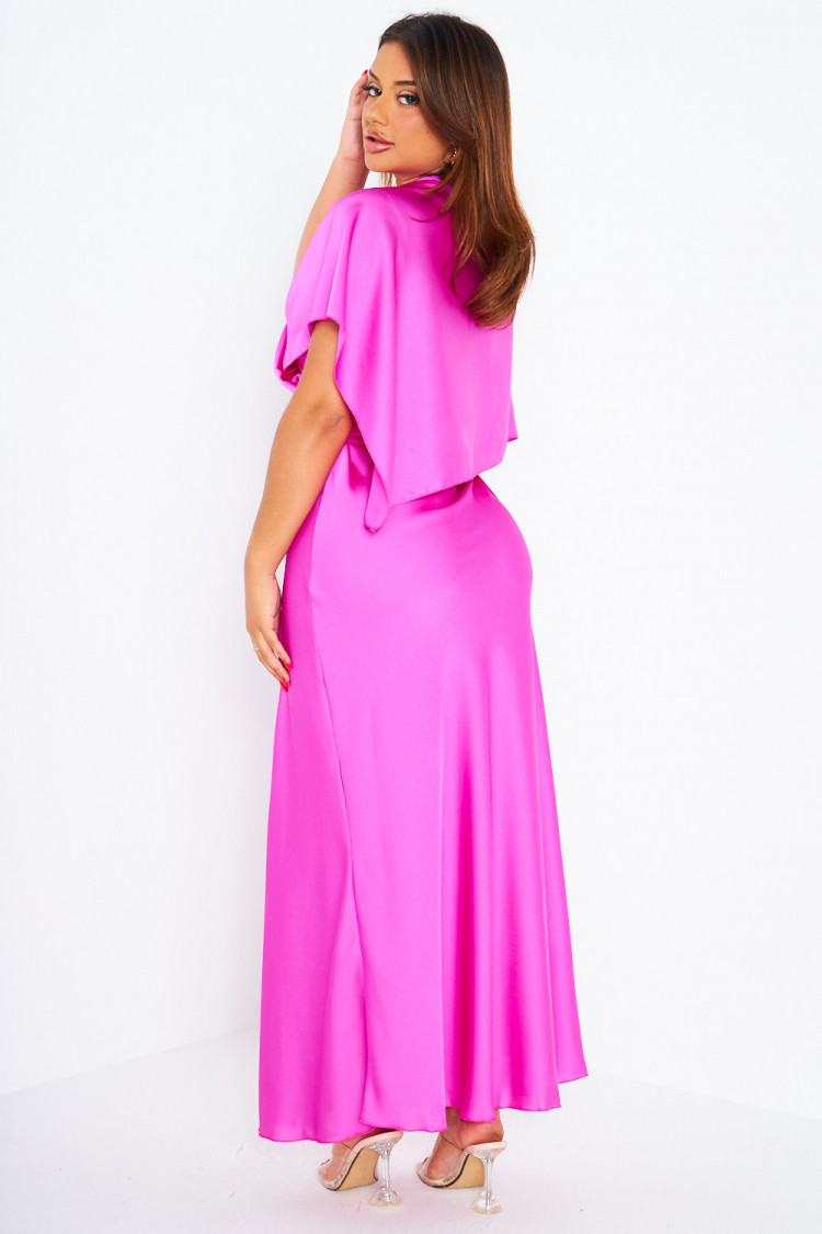 Ensemble 2 pièces robe + poncho satiné fuchsia