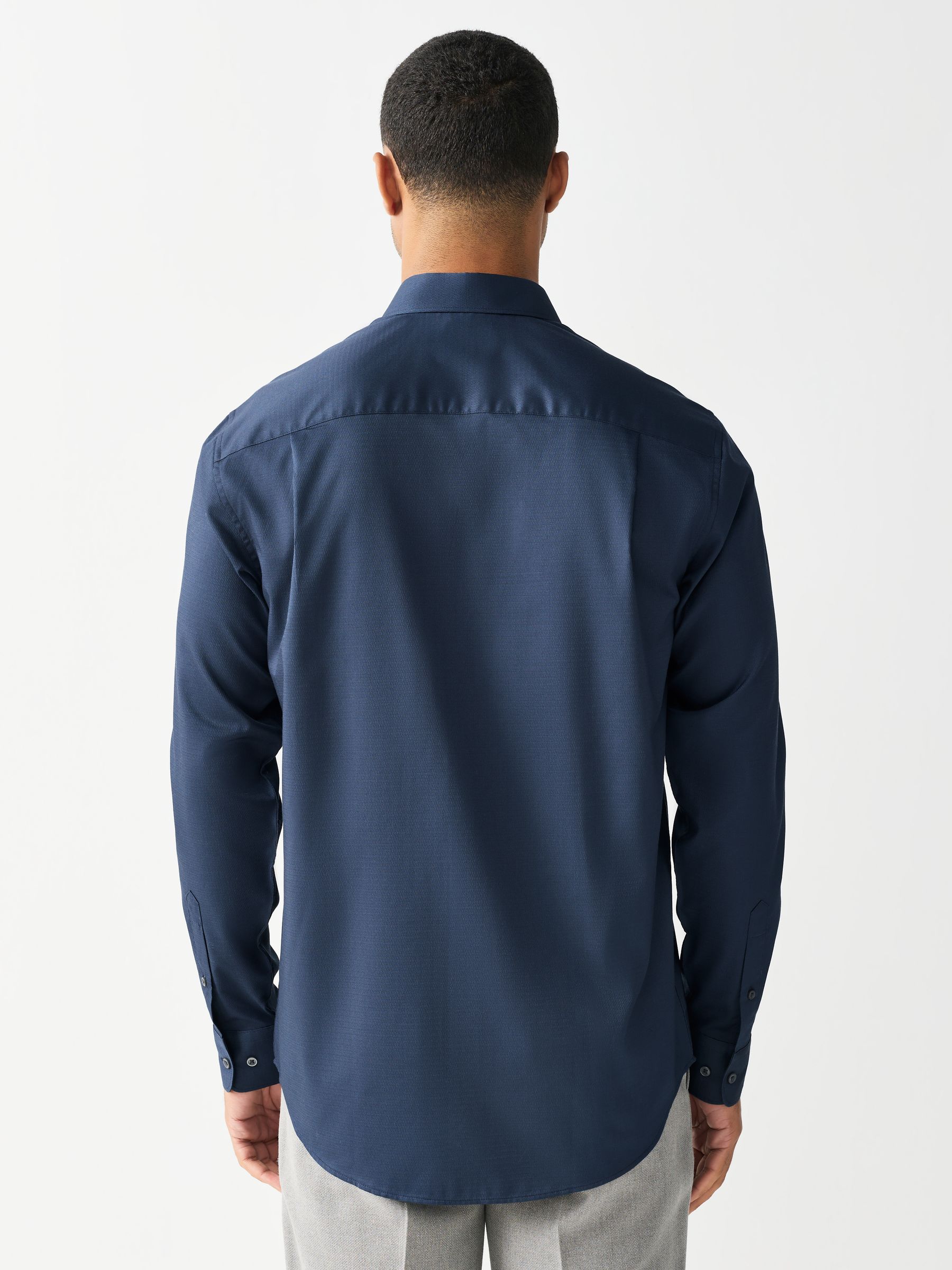 Marineblauw - Normale Pasvorm - Onderhoudsvriendelijk, getextureerd, slim fit overhemd met enkele manchet