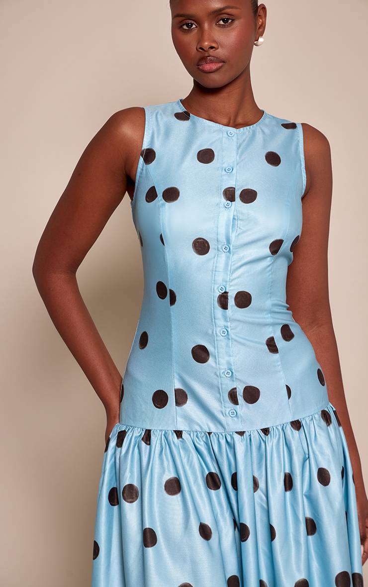 Bleu Robe Longue Taille Basse Boutonnée À Pois
