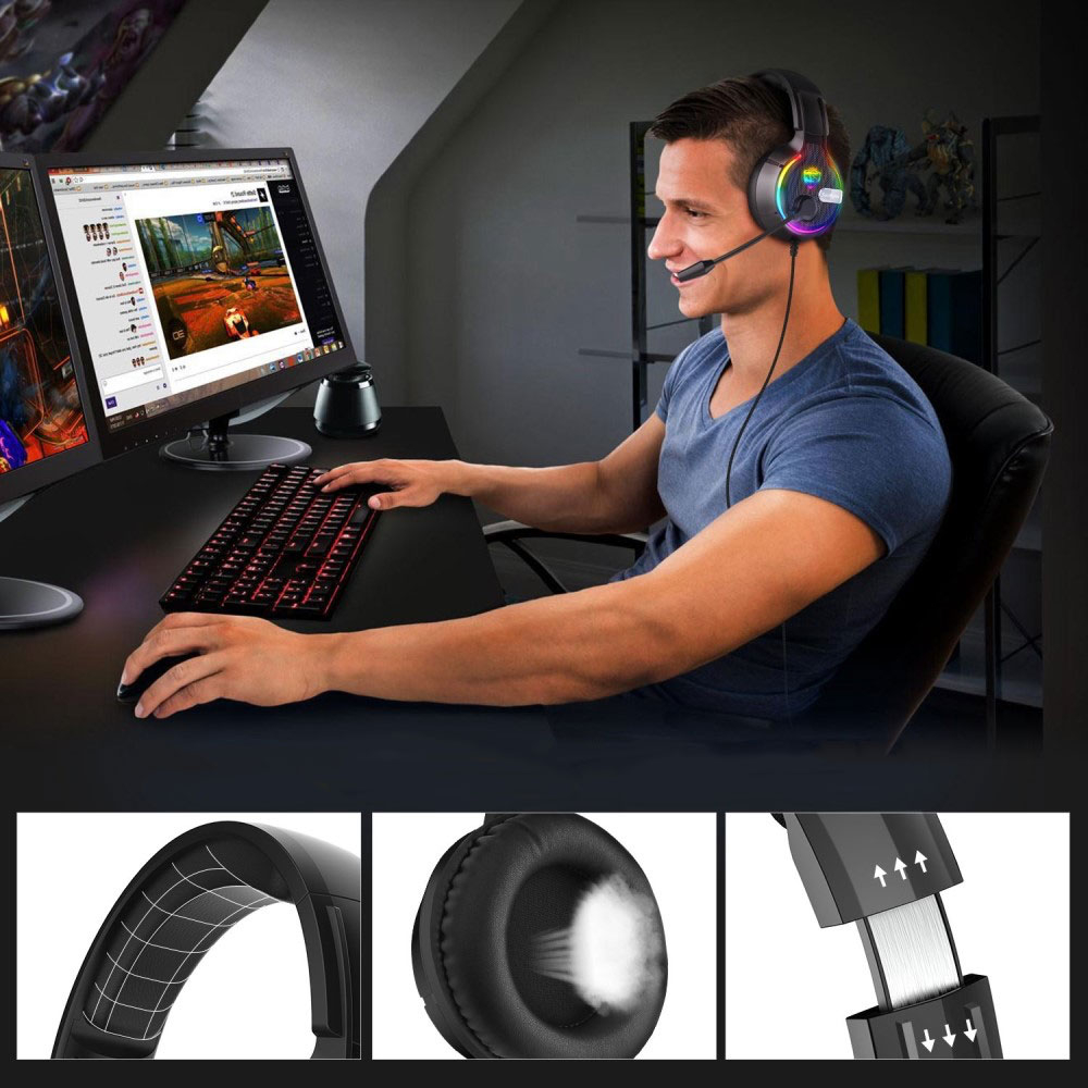 Gaming USB Kopfhörer Over-Ear LED Stereo Headset mit Mikrofon   3.5mm Klinken und RGB Beleuchtung - Schwarz