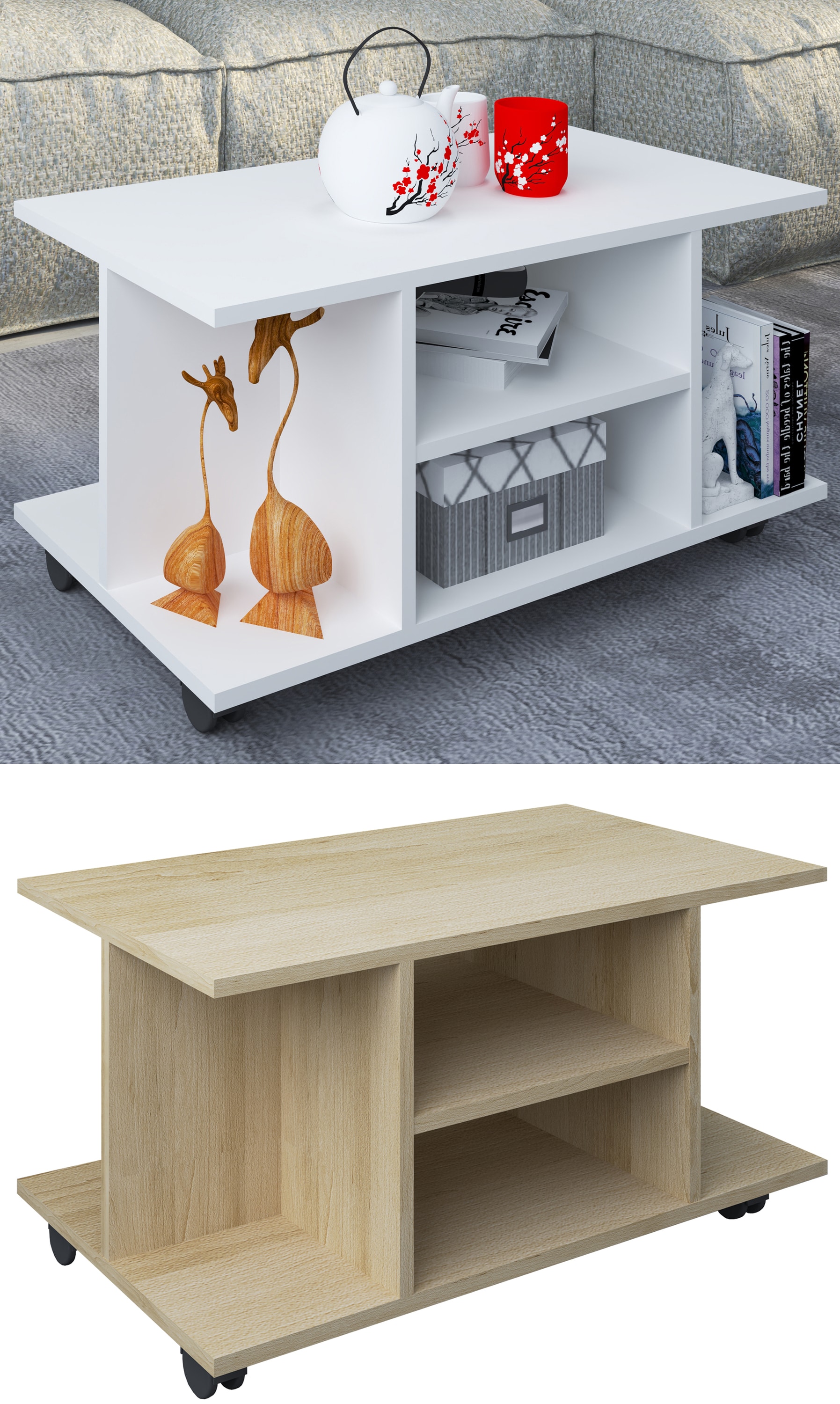 VCM Holz Beistelltisch Couchtisch Sofatisch Wohnzimmertisch Rollen rollbar Findula