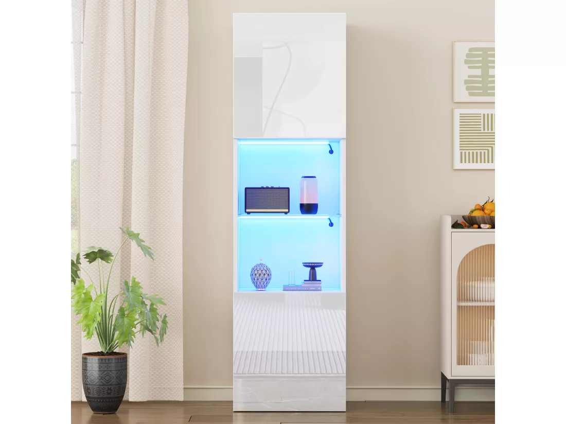 Vitrine avec 2 portes et 1 étagère en verre - 45 x 35 x 160 cm - LEDs - Panneaux de particules - Blanc brillant