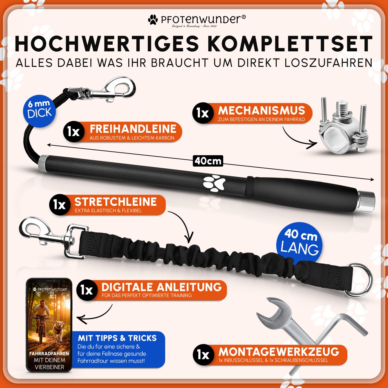 PfotenWunder® Freihandleine Fahrrad für Hunde + 1 elastische Leine & 1 Trainingsbuch, extra dicke 6mm-Leine | Abstandhalter Fahrradhalter aus hochwertige Karbonfasern mit Stoßdämpfern