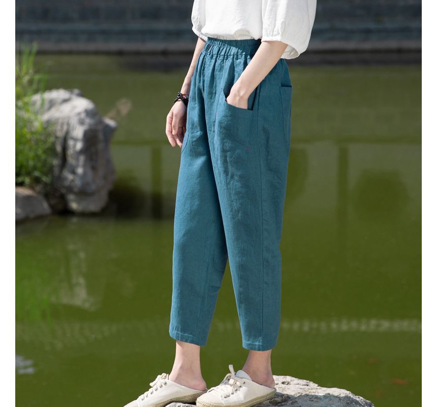 Lady Jean - Elastische taille, effen cropped, taps toelopende broek