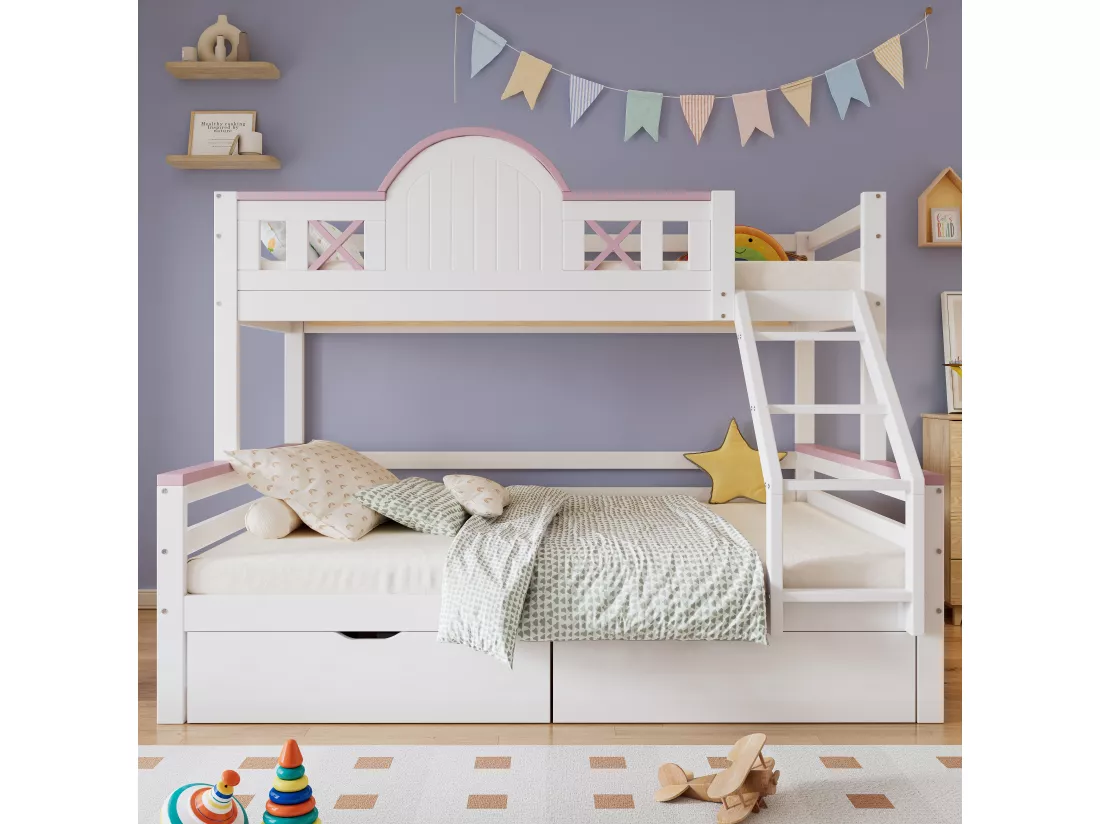 Lits superposés 140 x 200 cm + 90 x 200 cm avec 2 tiroirs, échelle inclinée et barrières - Bois pin + MDF - Blanc + rose
