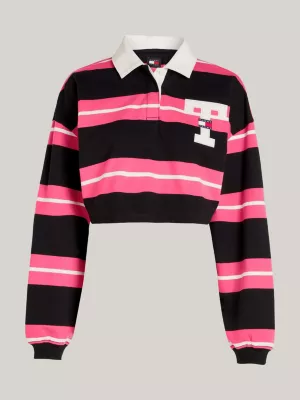 Polo de rugby listrada cropped estilo colegial em tecido atoalhado
