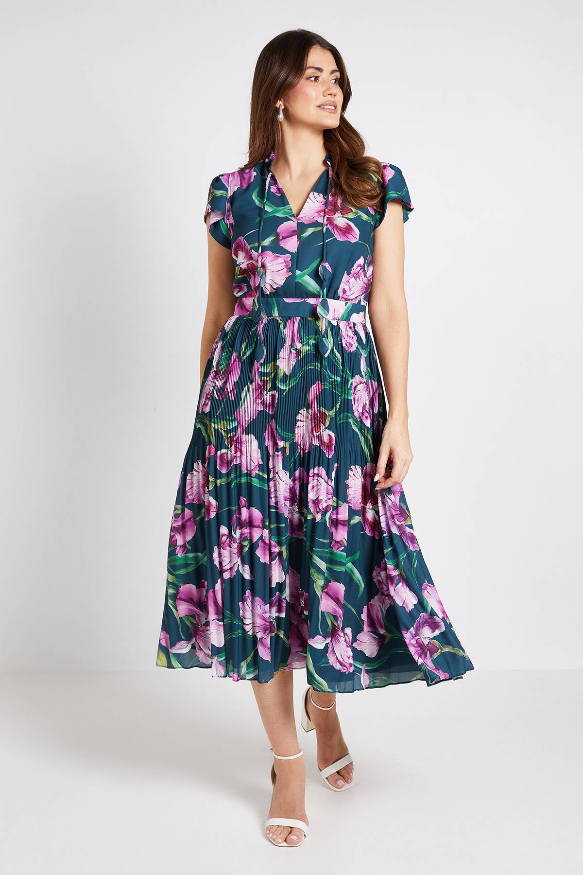 Wallis Robe Midi Plissée À Col Volants Et Motif Floral
