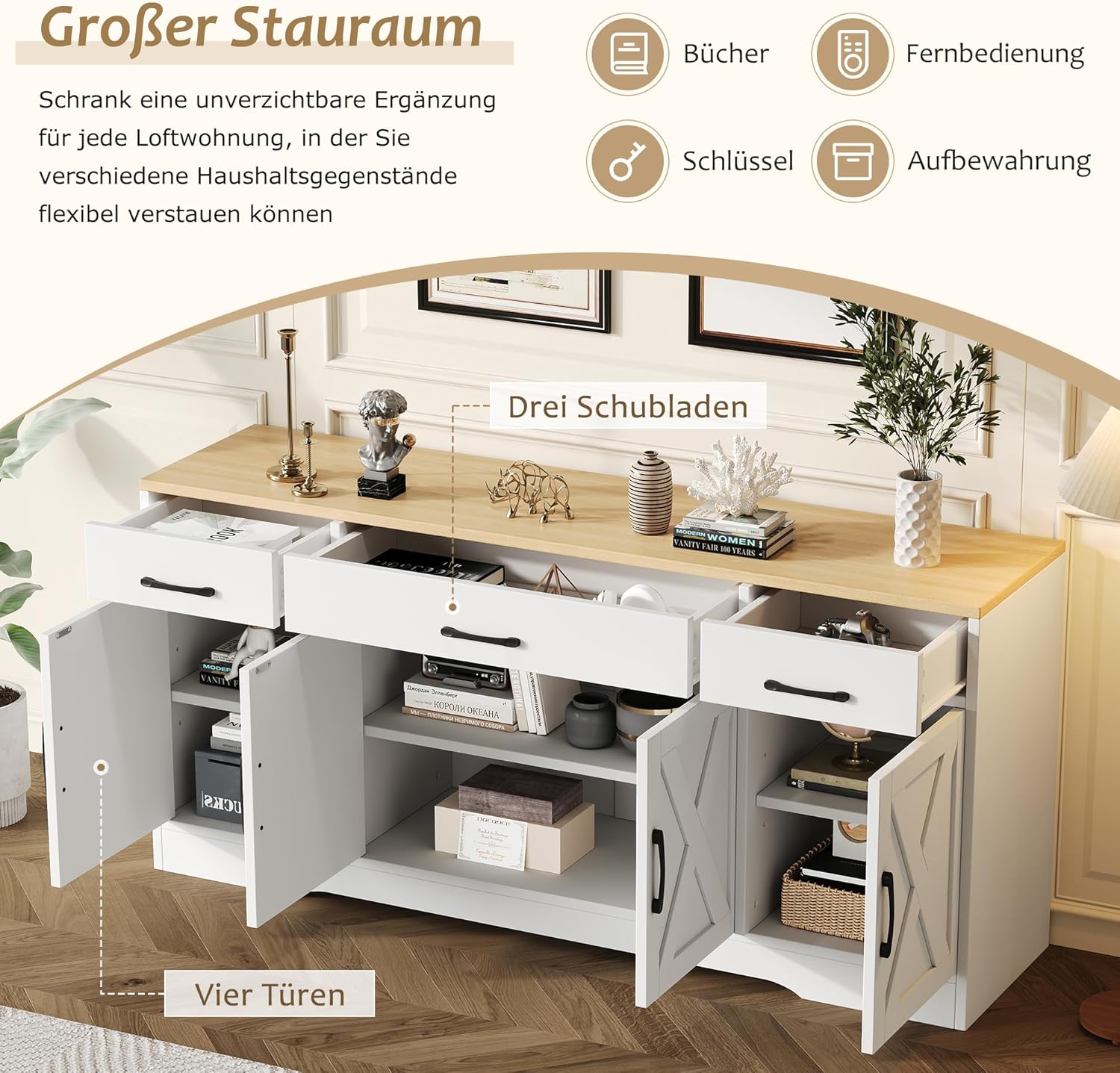 Wiuzo Modernes kommode weiß, Sideboard mit 3 schubladen& 4 Tür, 160x 37 x75 cm Multifunktionsschrank aus Holz, Wohnzimmer esszimmer Schrank, weißes Sideboard mit Dekoration