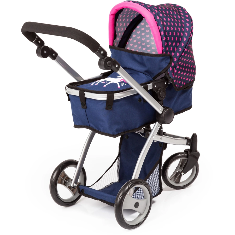 bayer Design Kombi-Puppenwagen Mega Set, blau mit Herzen und Einhorn