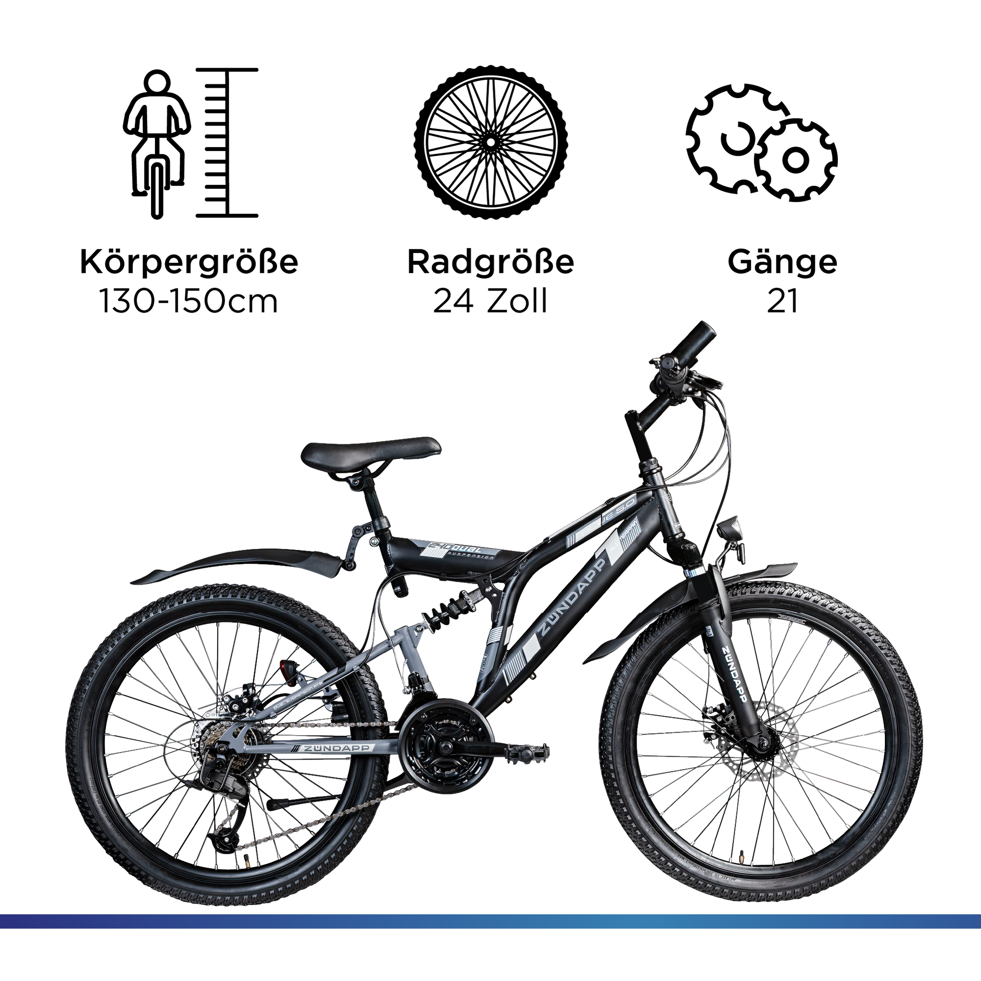 Zündapp Blue 5.0 Mountainbike Fully 24 Zoll Fahrrad 130-150cm MTB ab 8 Jahre