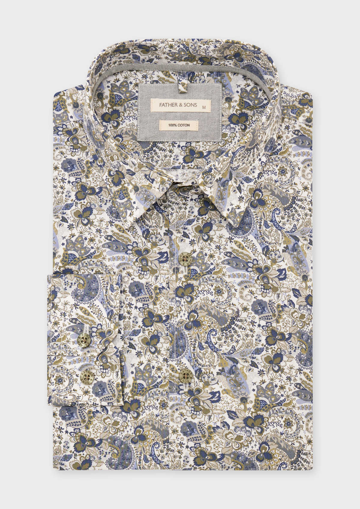 Chemise sport Slim en popeline de coton blanc à motif fleuri kaki et bleu