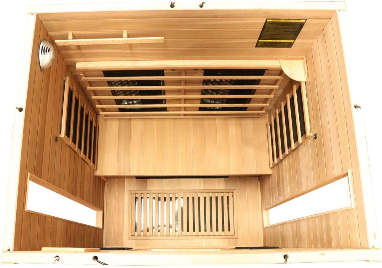 Dewello® Infrarotkabine Infrarotsauna Pierson PRO 135x105 für 1-2 Personen aus Hemlock und Zedern Holz mit Duo Vollspektrumstrahler, Bodenstrahler, LED-Farblicht, Bluetooth, FM,MP3,USB