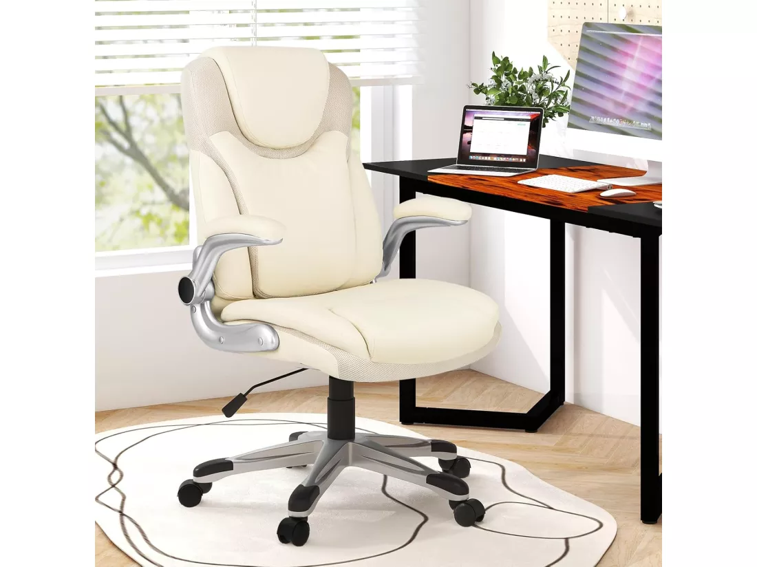 Fauteuil de Bureau Ergonomique, Chaise de Bureau en Cuir PU, à Bascule, Hauteur Réglable, Fauteuil de Gamer, Chaise de Travail Pivotant, Charge Maximale 160 kg, Blanc