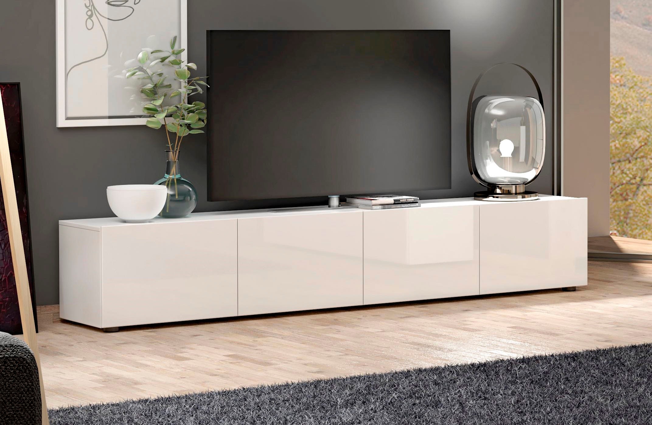 INOSIGN Lowboard »Mister, TV-Board, TV-Bank, TV-Kommode, TV-Möbel« mit 4 Klappen, komplett Hochglanz Lackiert, Breite 225 cm