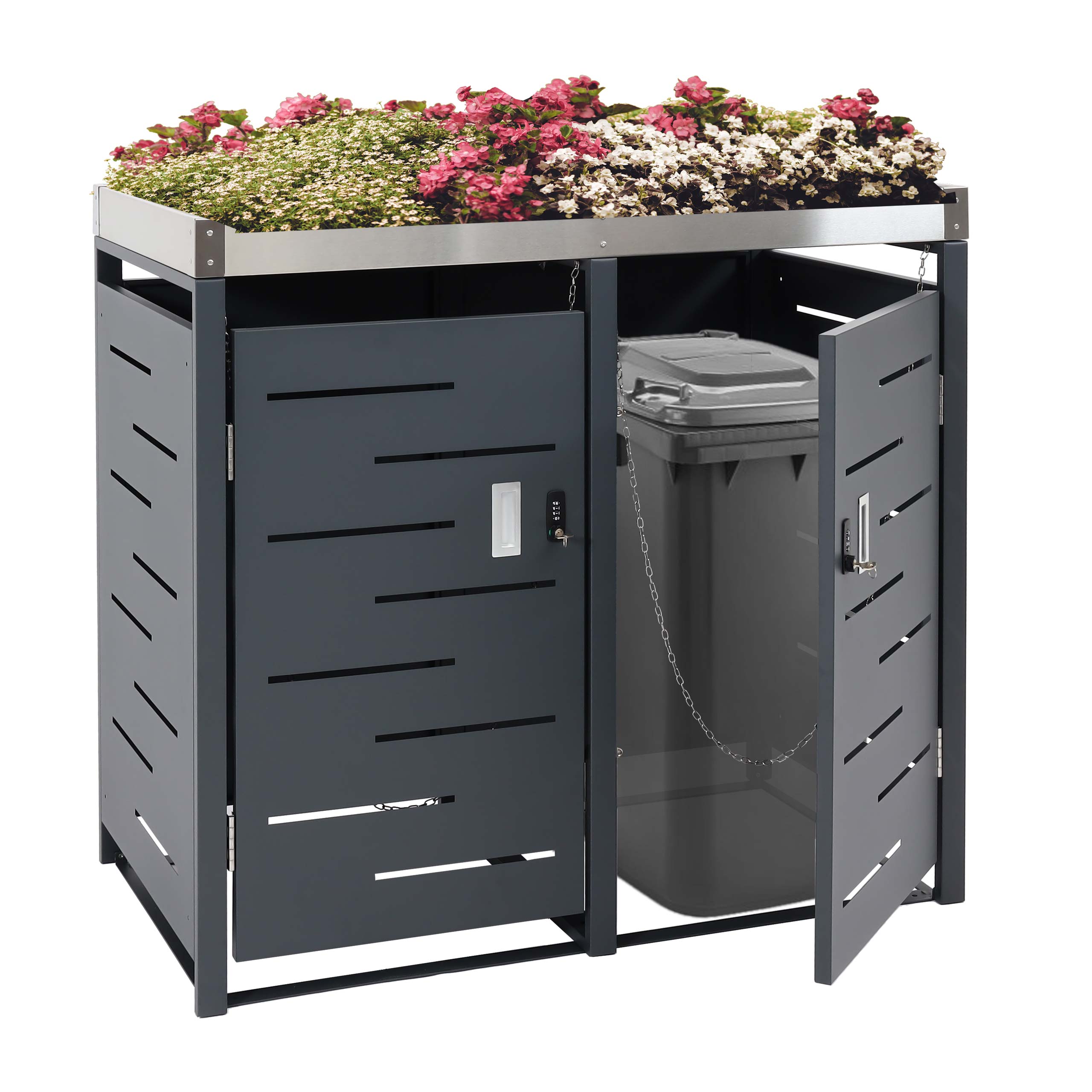 2er-Mülltonnenverkleidung MCW-H40b, Mülltonnenbox, Pflanzkasten Edelstahl-Metall-Kombi 39kg 110x115x62cm erweiterbar