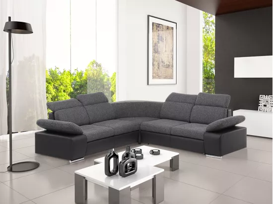 Canapé d'angle convertible avec rangement en tissu et simili RABELAIS - Bicolore anthracite et noir