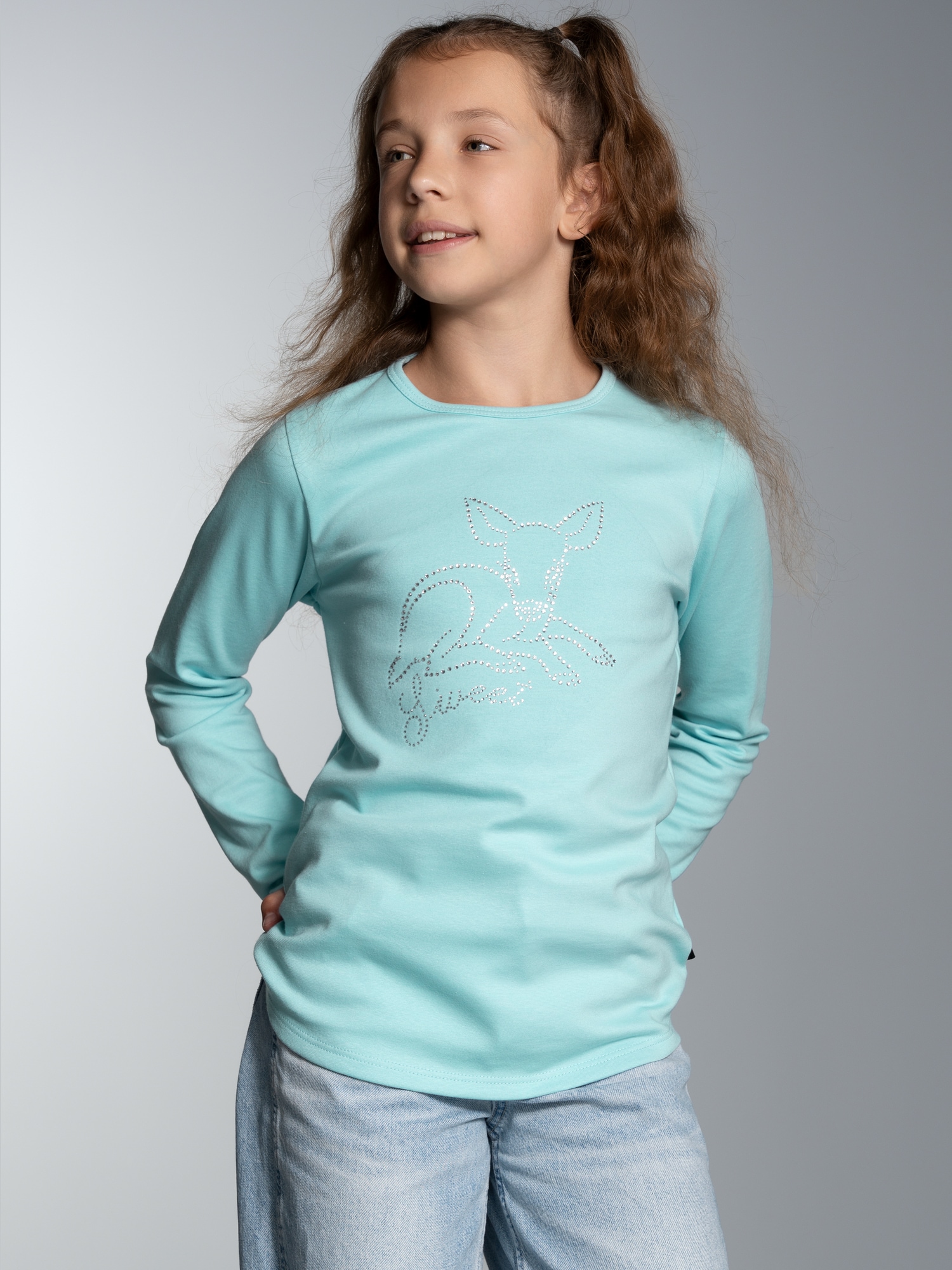 Langarmshirt mit süßem Reh-Glitzer-Print Gletscher