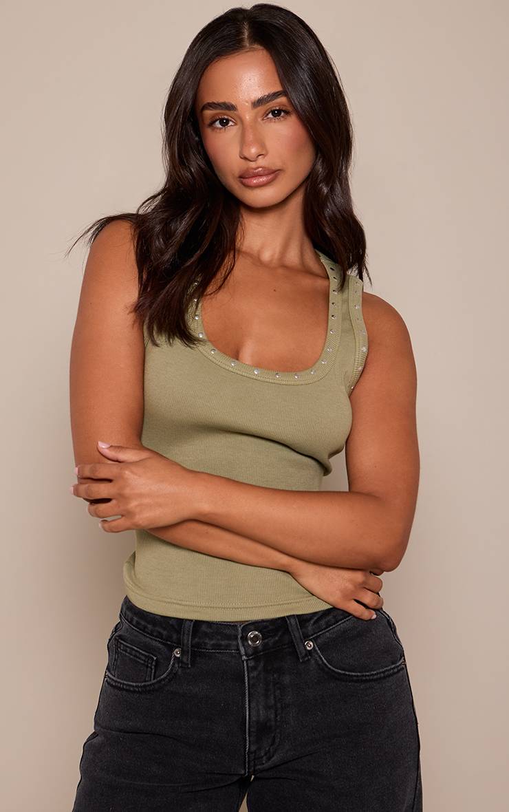 Vert Olive Débardeur Petite À Détails Cloutés