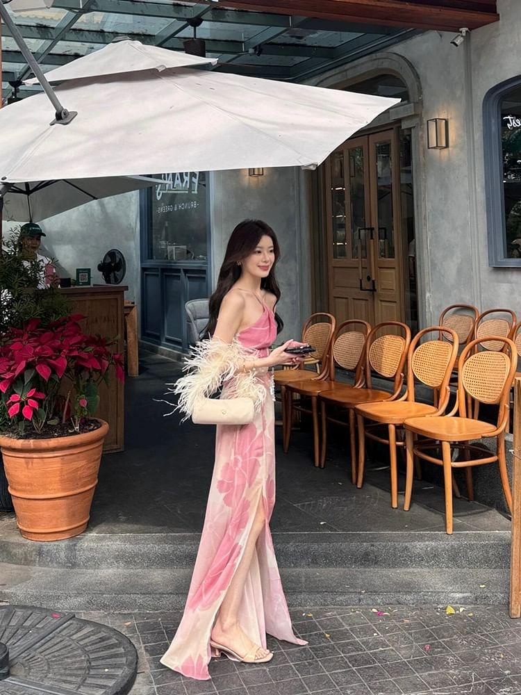 SisLinda - Halter Floral Slit Maxi A-lijn Zomerjurk