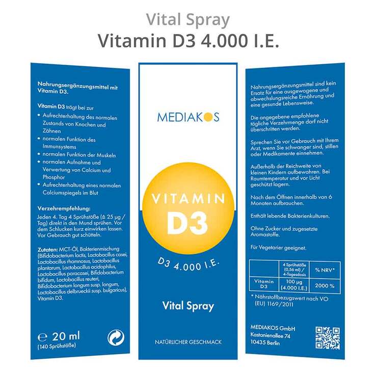 Vitamin D3 4000 I.E. Mediakos Vital Spray, 20 ml