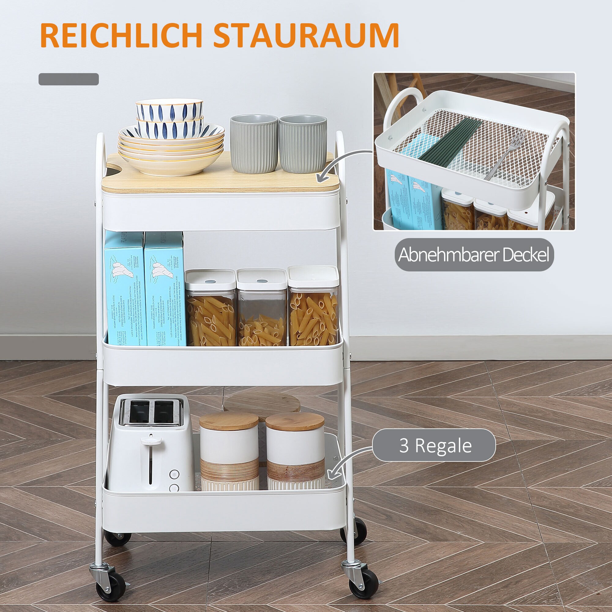 HOMCOM Küchenwagen mit 4 Universalräder weiß 45L x 31B x 79,4H cm