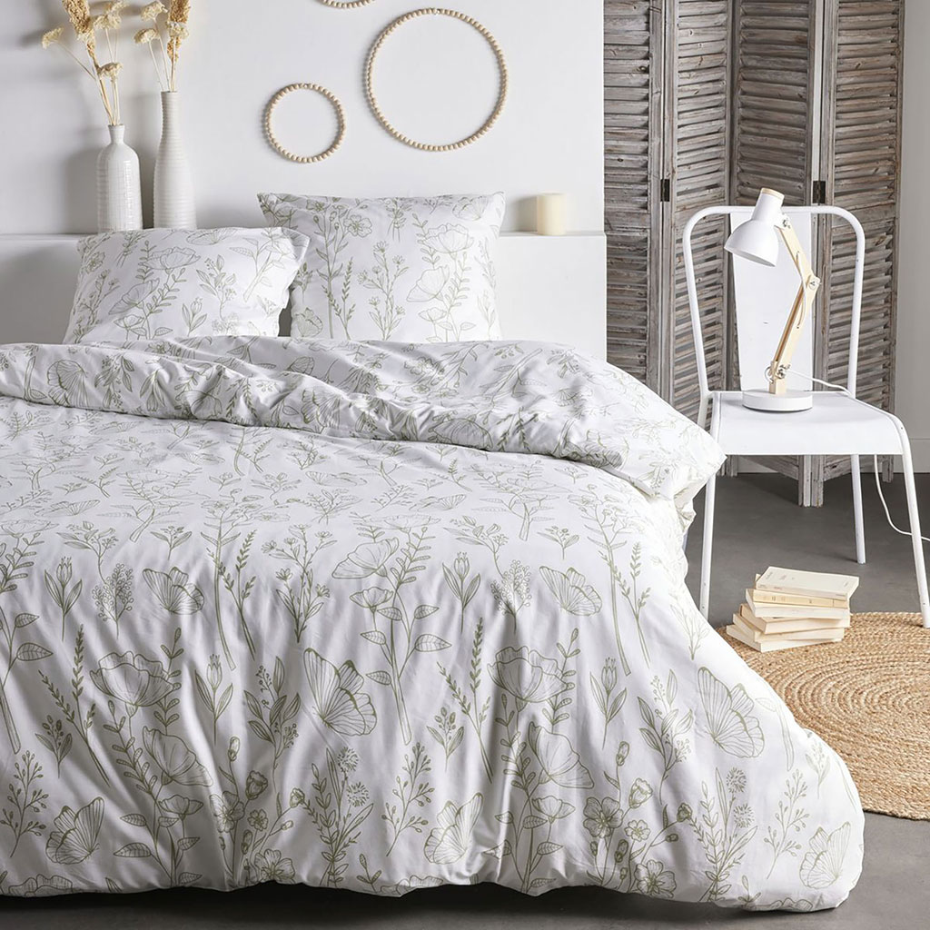 Parure housse de couette Sunshine blanche fleurs kaki 220x240cm