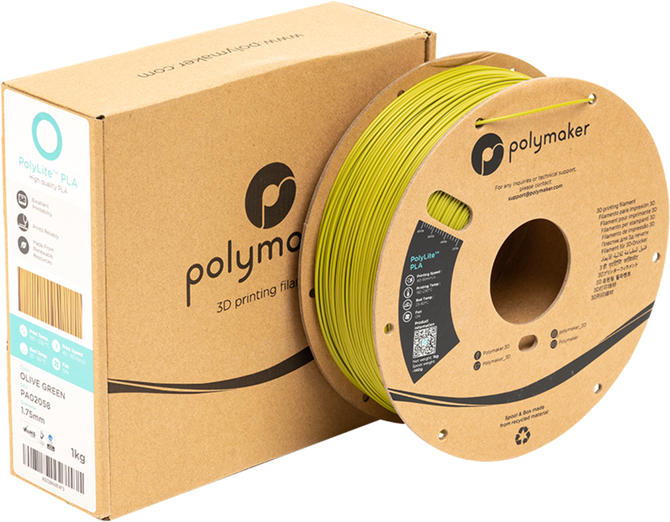 Polymaker  PolyLite PLA Olive Green, 1,75 mm / 1000 g    Hochwertiges günstiges PLA von Polymaker