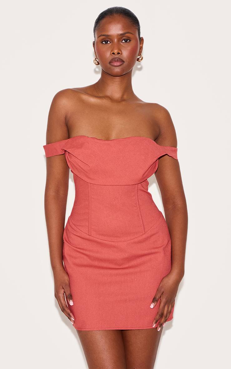 Orange Brûlé Robe Moulante À Corset Avec Décolleté Bardot Drapé